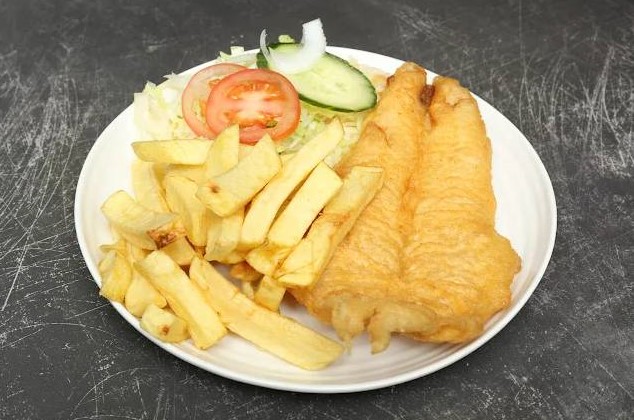 fish and chips with salad served at Chippy Takeaway in West Calder